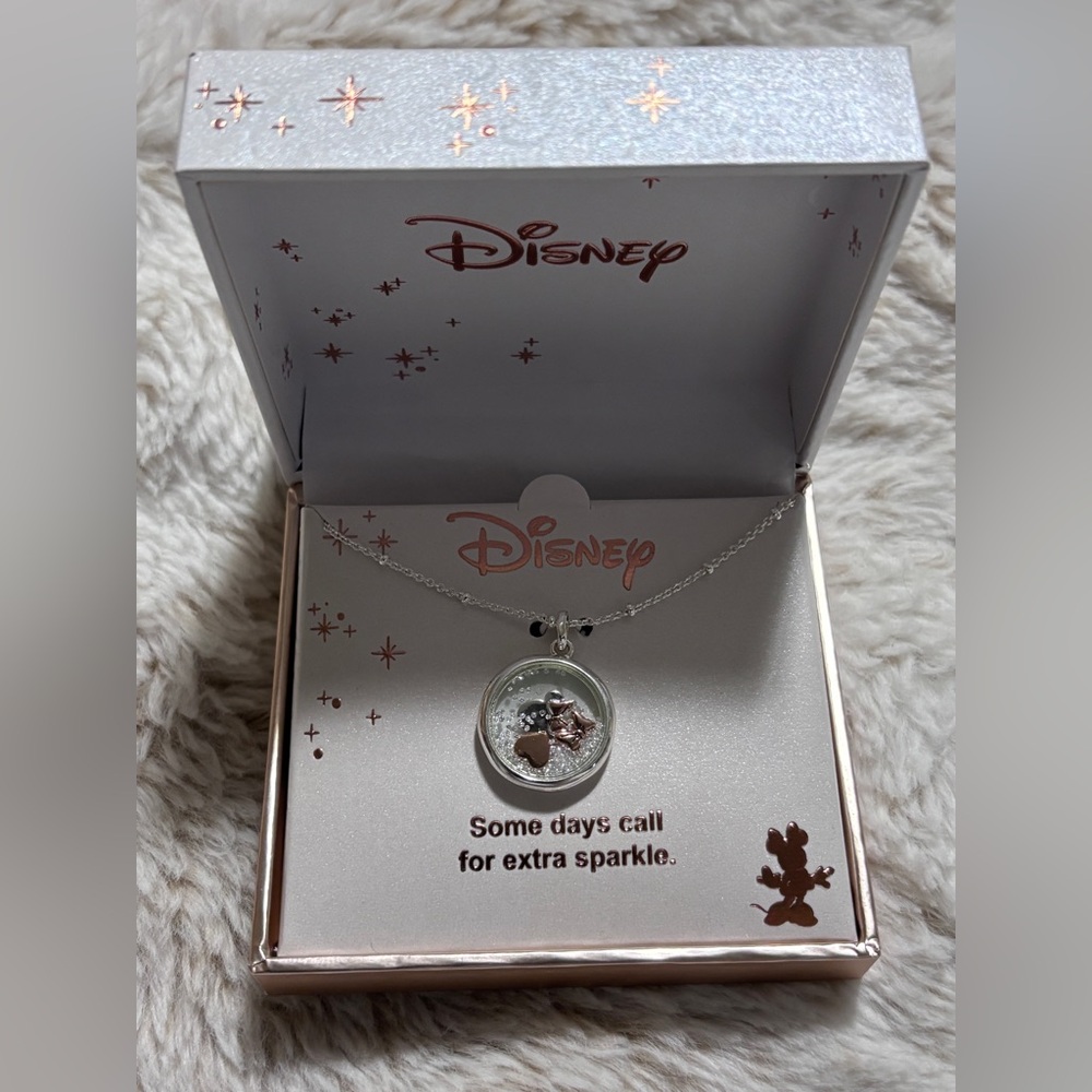 Disney Mickey and Minnie Floating Locket in Silver and Rose Gold 18” Chain